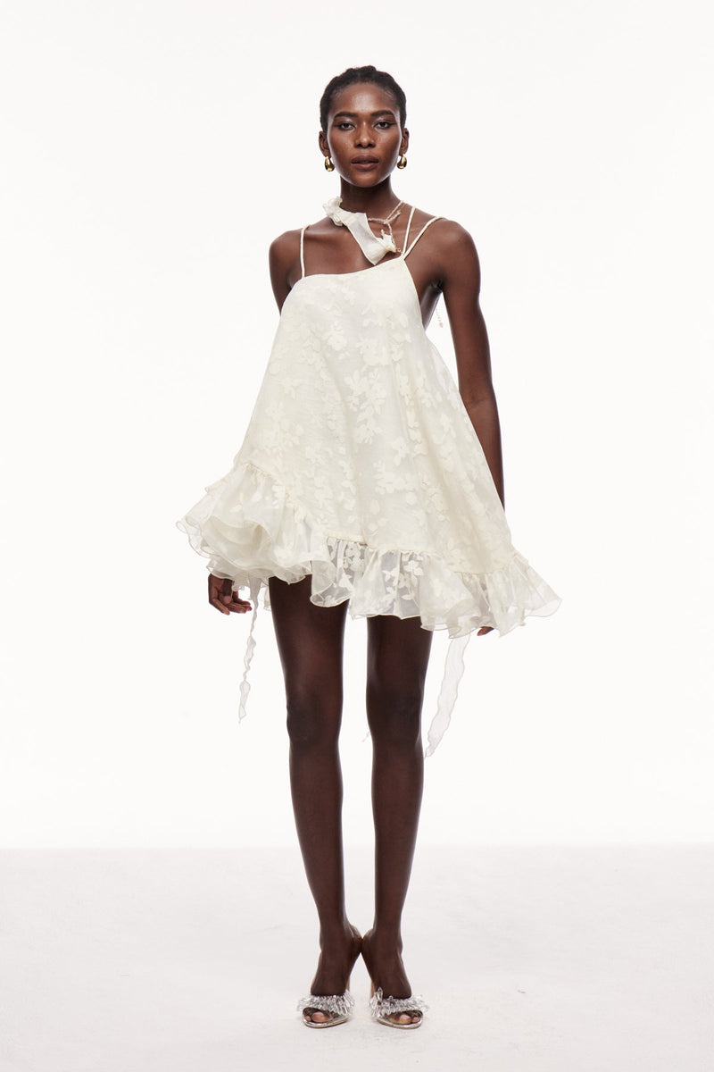Cecilio Asymmetric Ruffle Puffy Mini Dress in Apricot