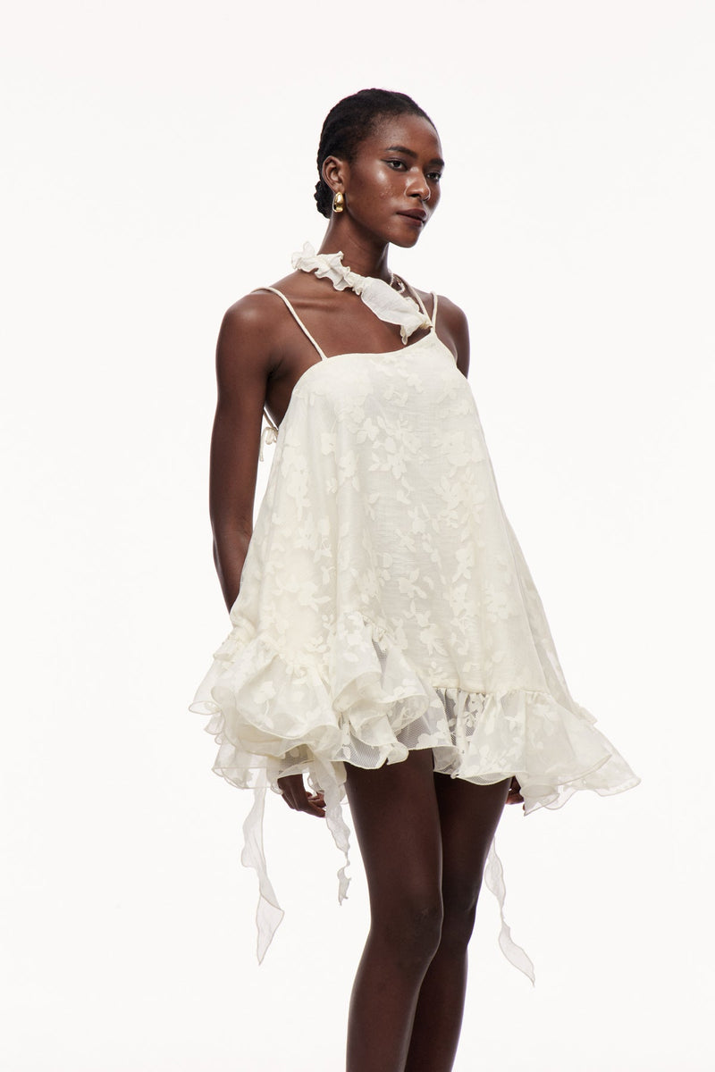 Cecilio Asymmetric Ruffle Puffy Mini Dress in Apricot