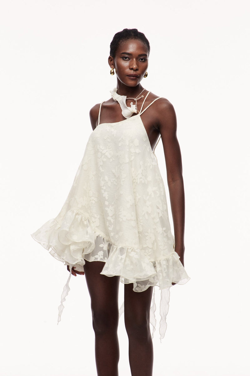 Cecilio Asymmetric Ruffle Puffy Mini Dress in Apricot