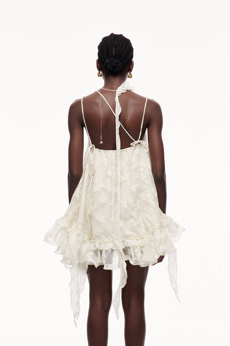 Cecilio Asymmetric Ruffle Puffy Mini Dress in Apricot