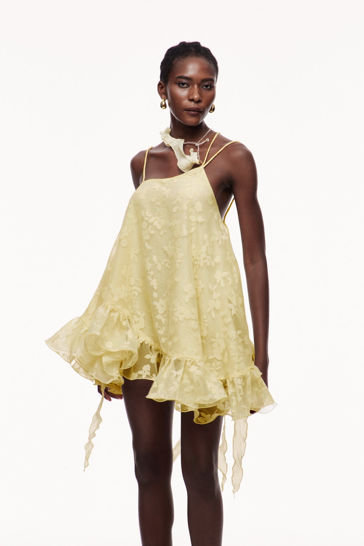 Cecilio Asymmetric Ruffle Puffy Mini Dress in Yellow