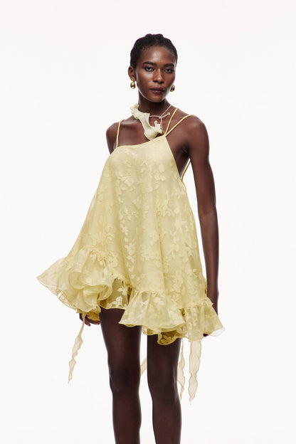 Cecilio Asymmetric Ruffle Puffy Mini Dress in Yellow