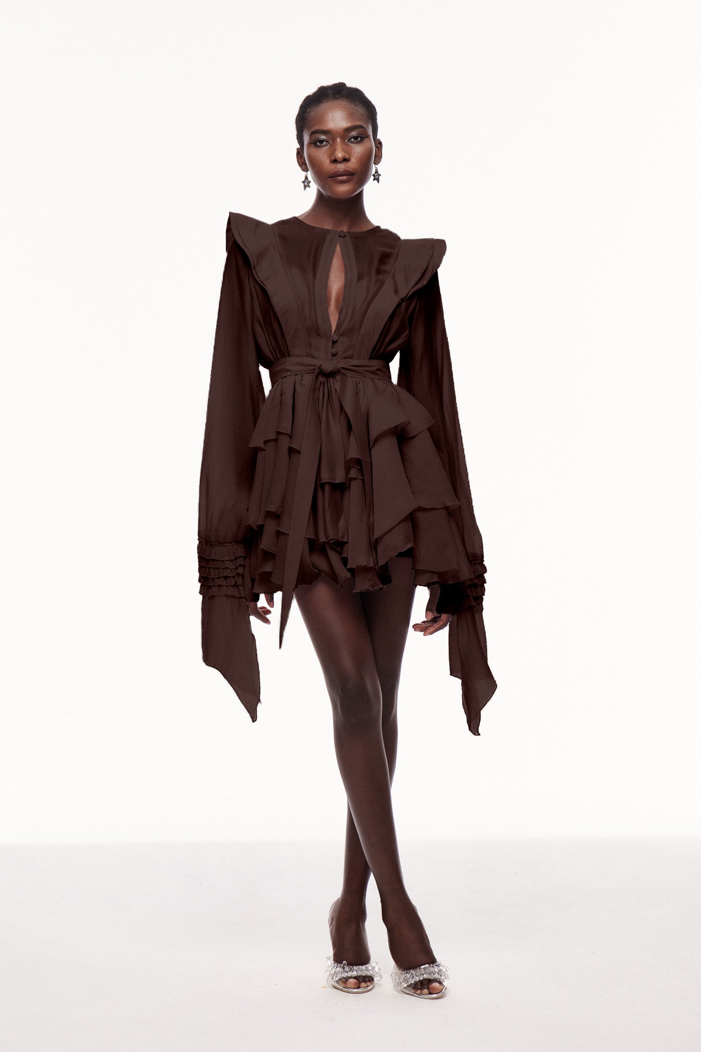 Celsus Ruffle Cutout Mini Dress in Brown