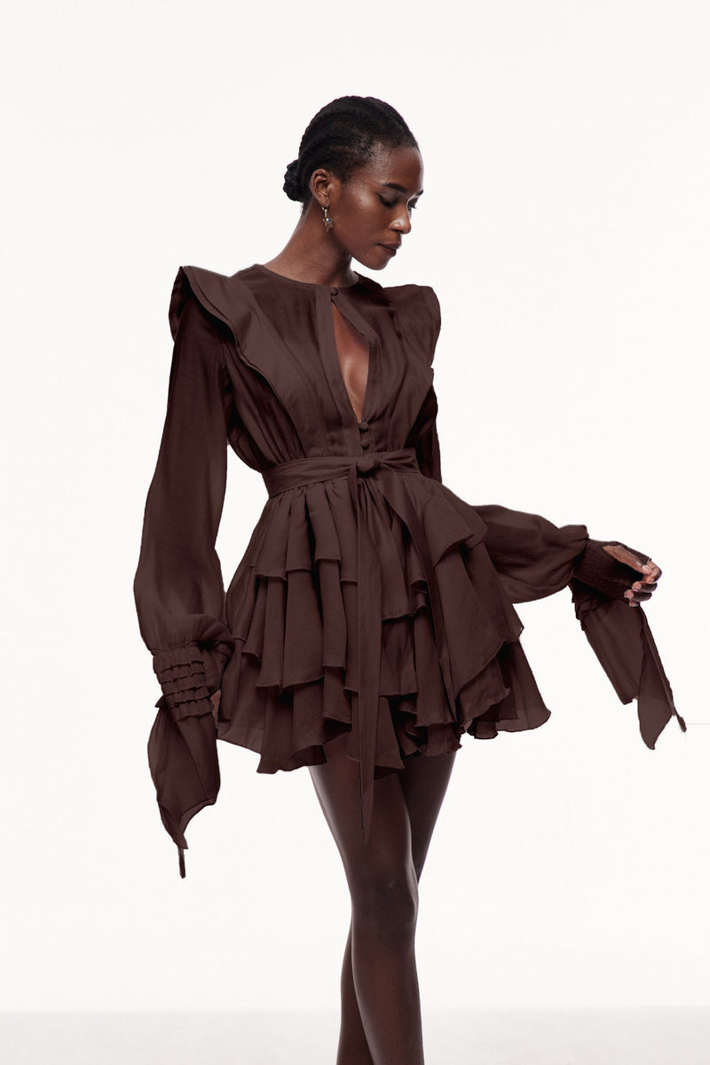 Celsus Ruffle Cutout Mini Dress in Brown
