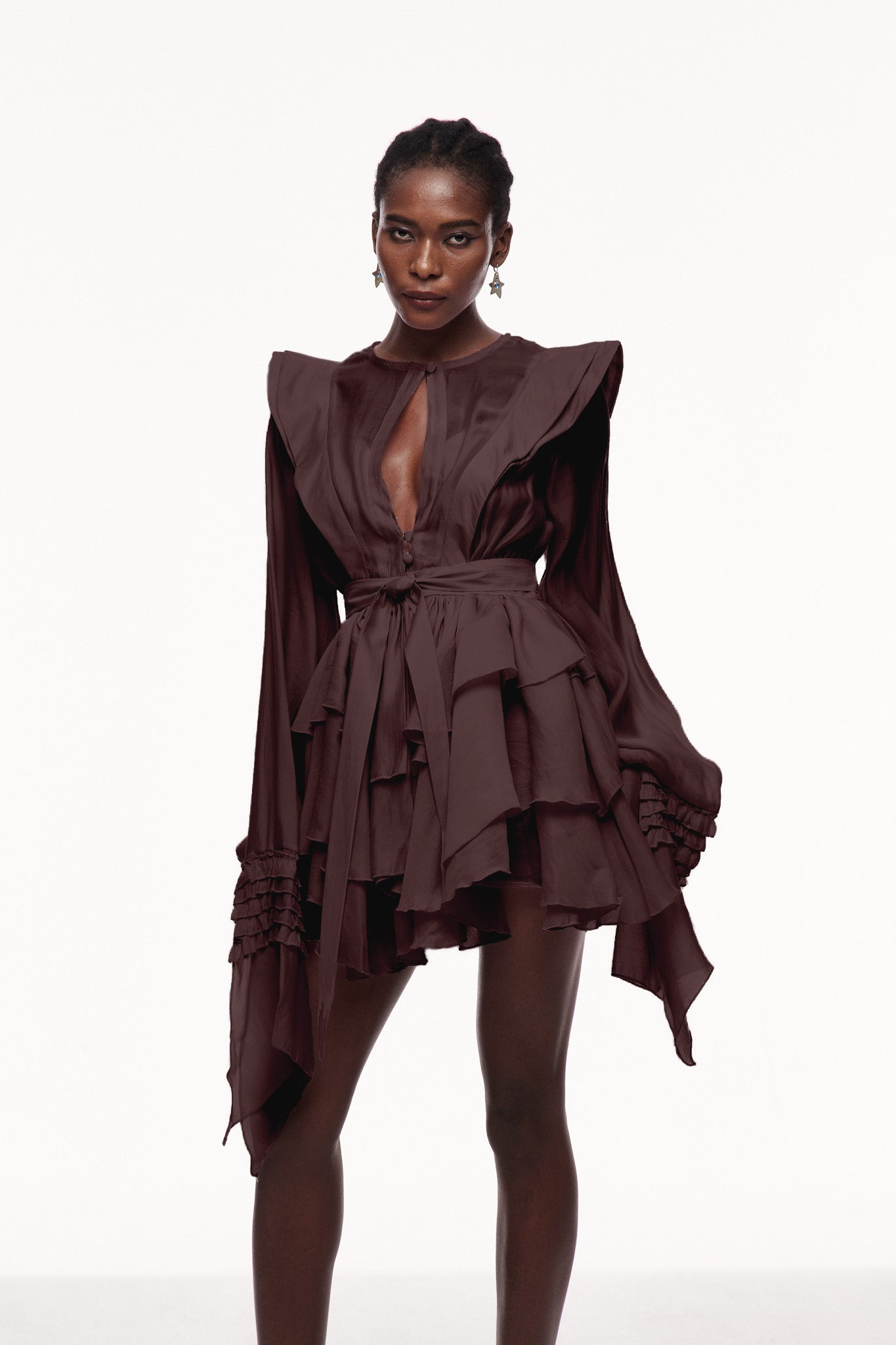 Celsus Ruffle Cutout Mini Dress in Brown