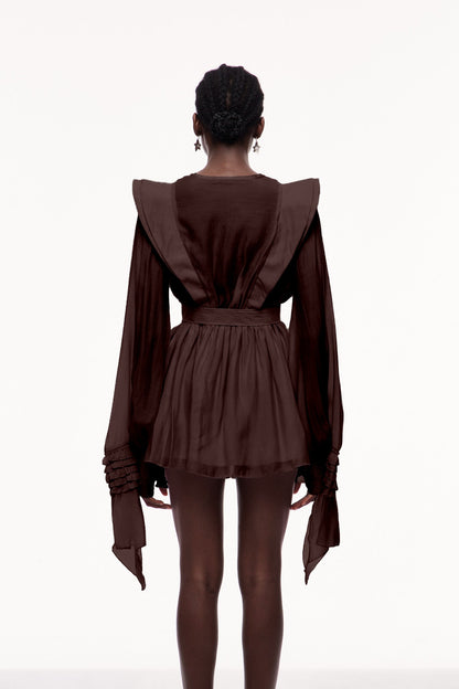 Celsus Ruffle Cutout Mini Dress in Brown