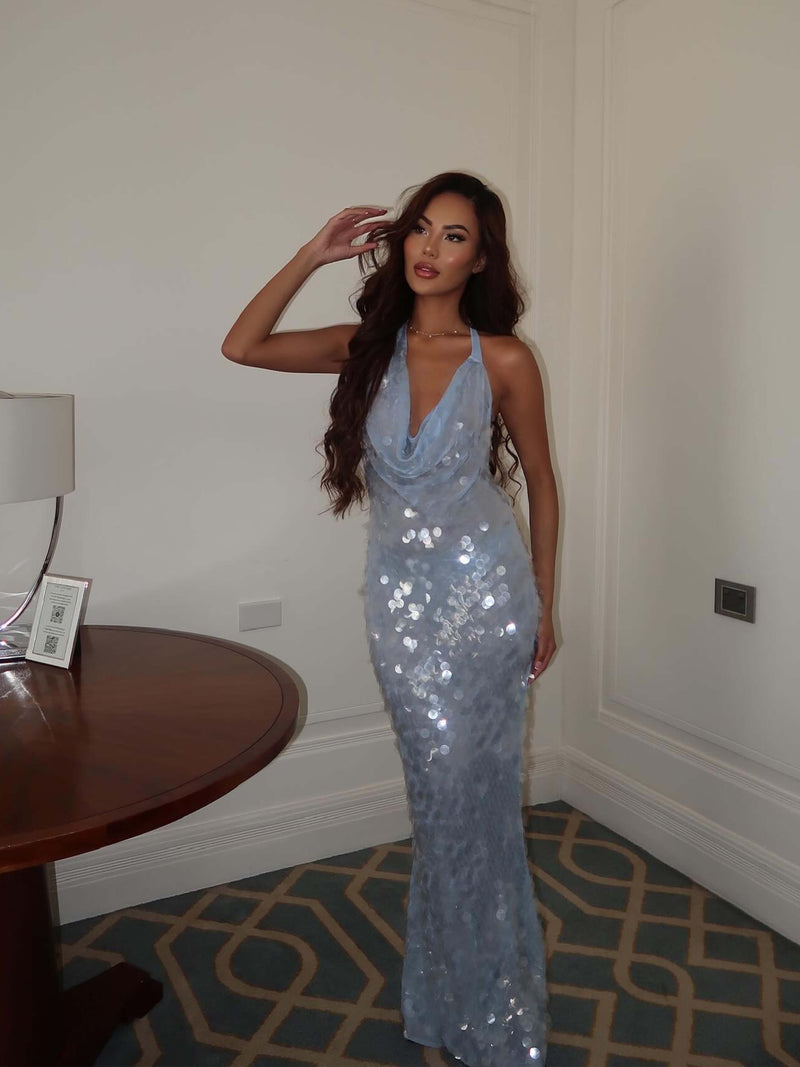 Melody | Iridescent Sequin Drape | Halter Maxi Dress