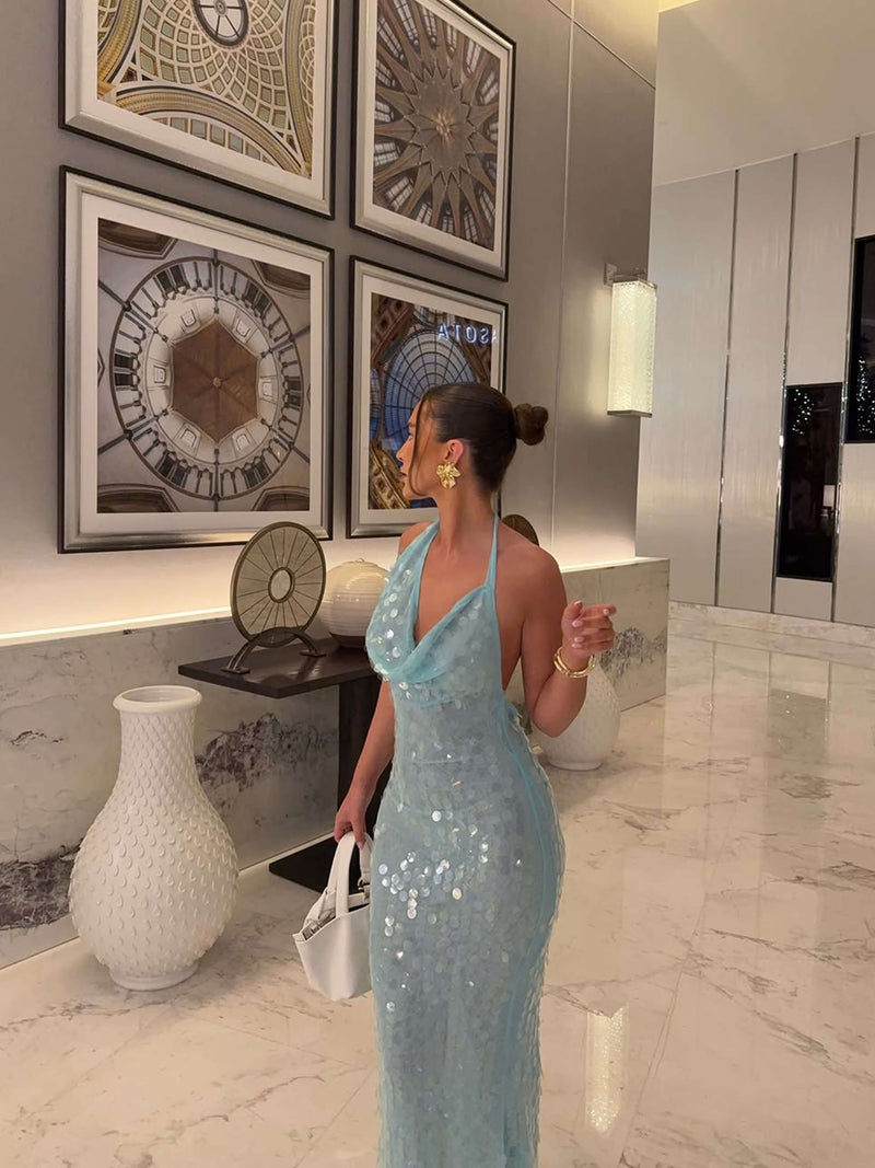 Melody | Iridescent Sequin Drape | Halter Maxi Dress
