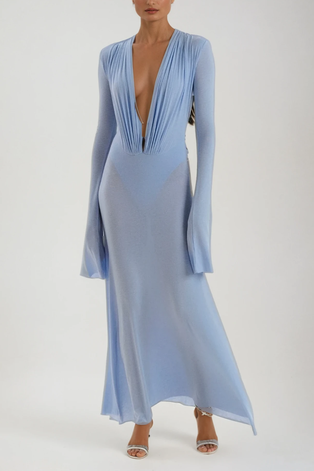 Cerys Plunge Ruch Maxi Dress in Blue