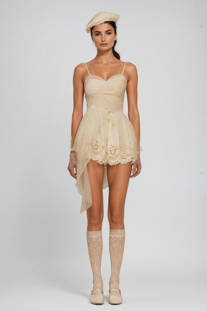 Cevdet Embroidered Ruch Mesh Mini Dress