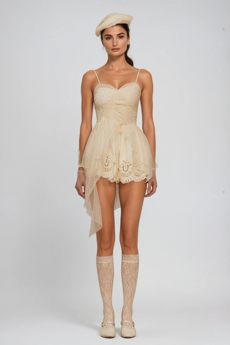 Cevdet Embroidered Ruch Mesh Mini Dress