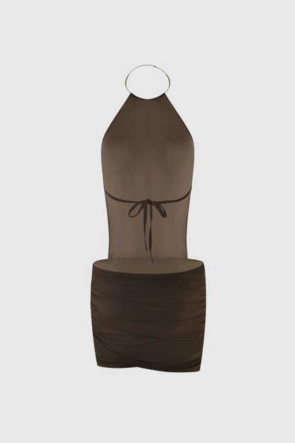 Cezara Halter Neck Backless Ruch Mini Dress