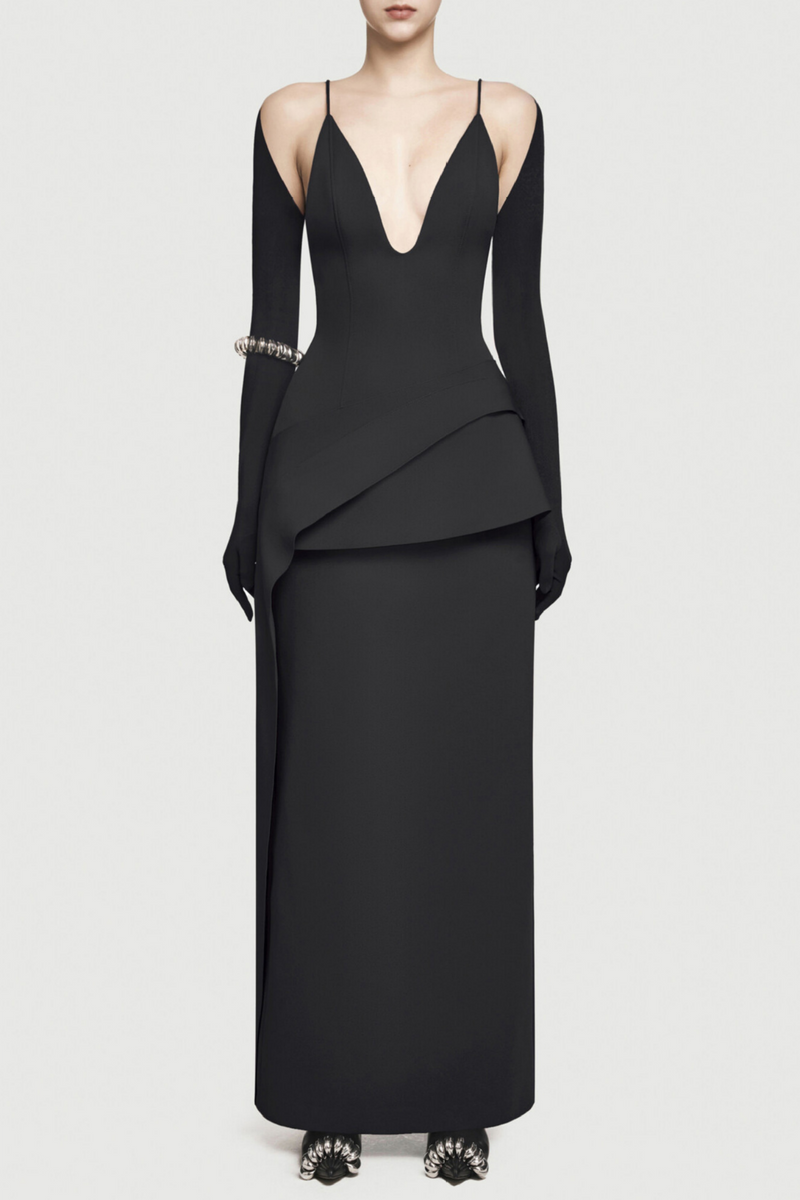 Chapera Asymmetrical Pleat Maxi Dress - Black