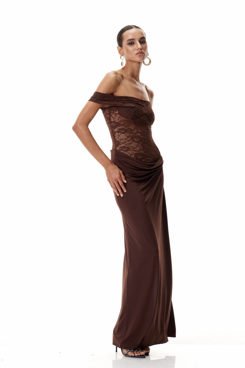 Chenda Lace Asymmetric Maxi Dress