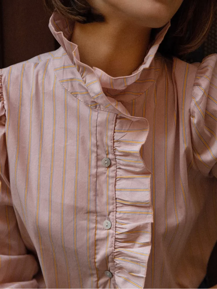 Pink Stripe Stand Collar Ruffled Blouse