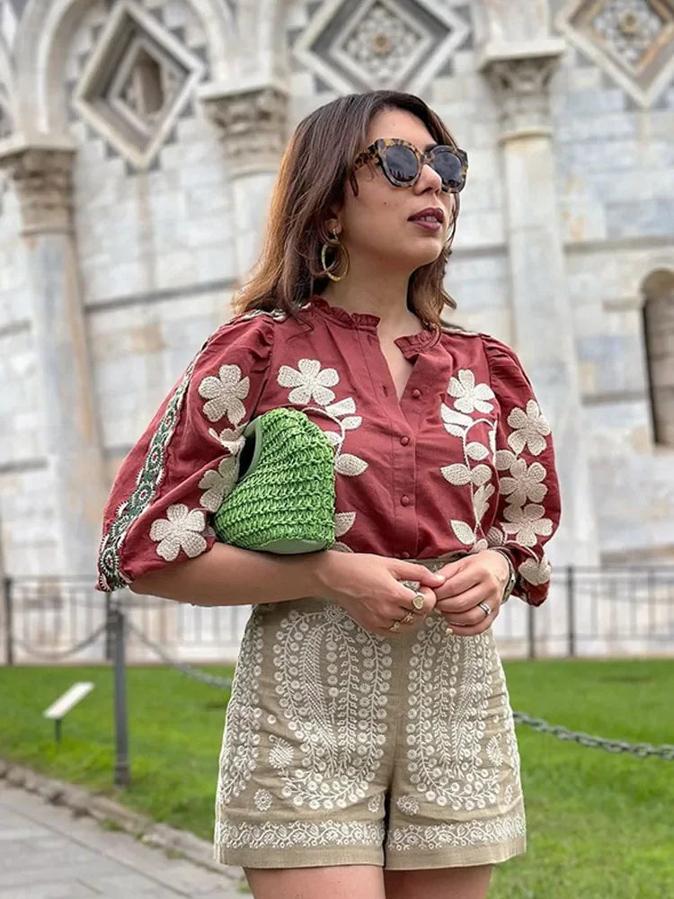 Printed O Neck Short Sleeve Loose Blouse