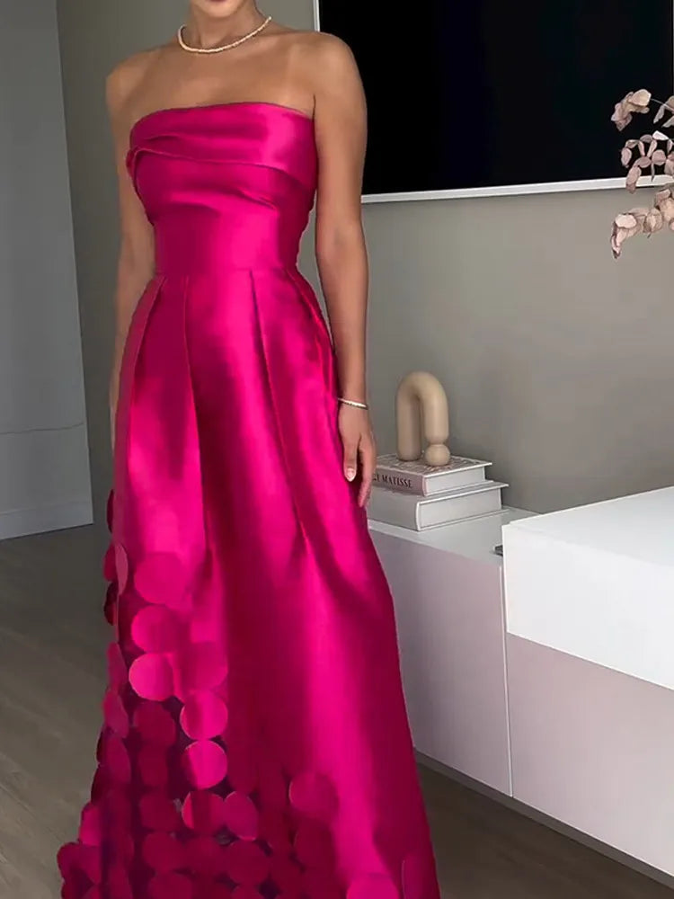 Rose Red Sleeveless Satin Maxi Dress With Backless Design