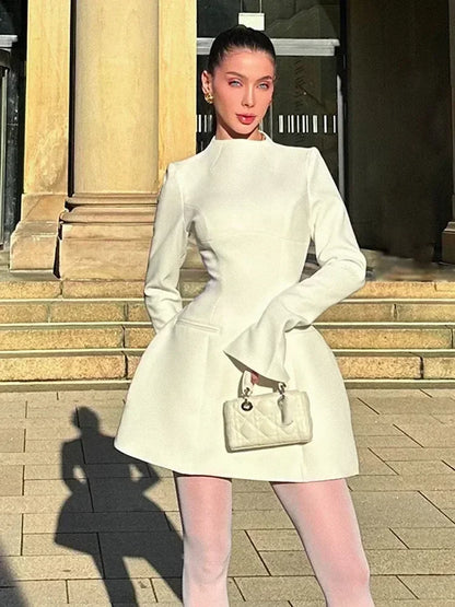 Round Neck Long Sleeved Mini Dress Backless Slim Fit A-line Vestidos Lady Party Club Evening Gowns