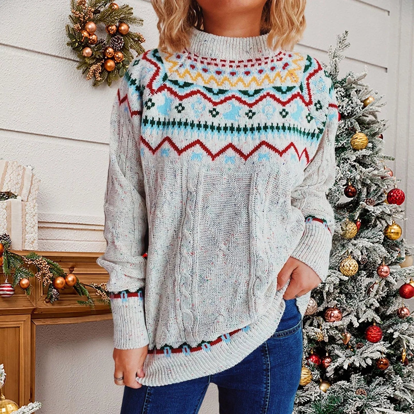 Striped Long Sleeve Jacquard O-neck Loose Christmas Sweater