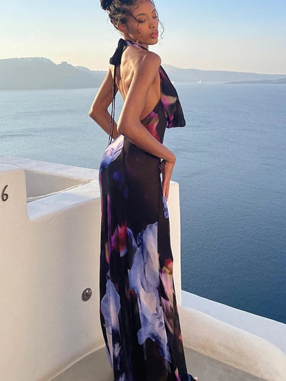 Low Back Halter Neck -print Mesh Maxi Dress
