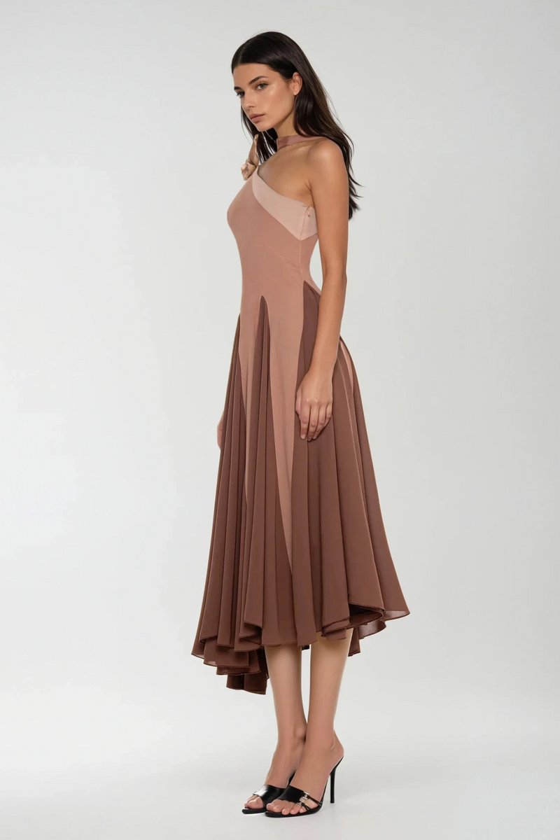 Chip One Shoulder Asymmetric Ruffle Midi Dress