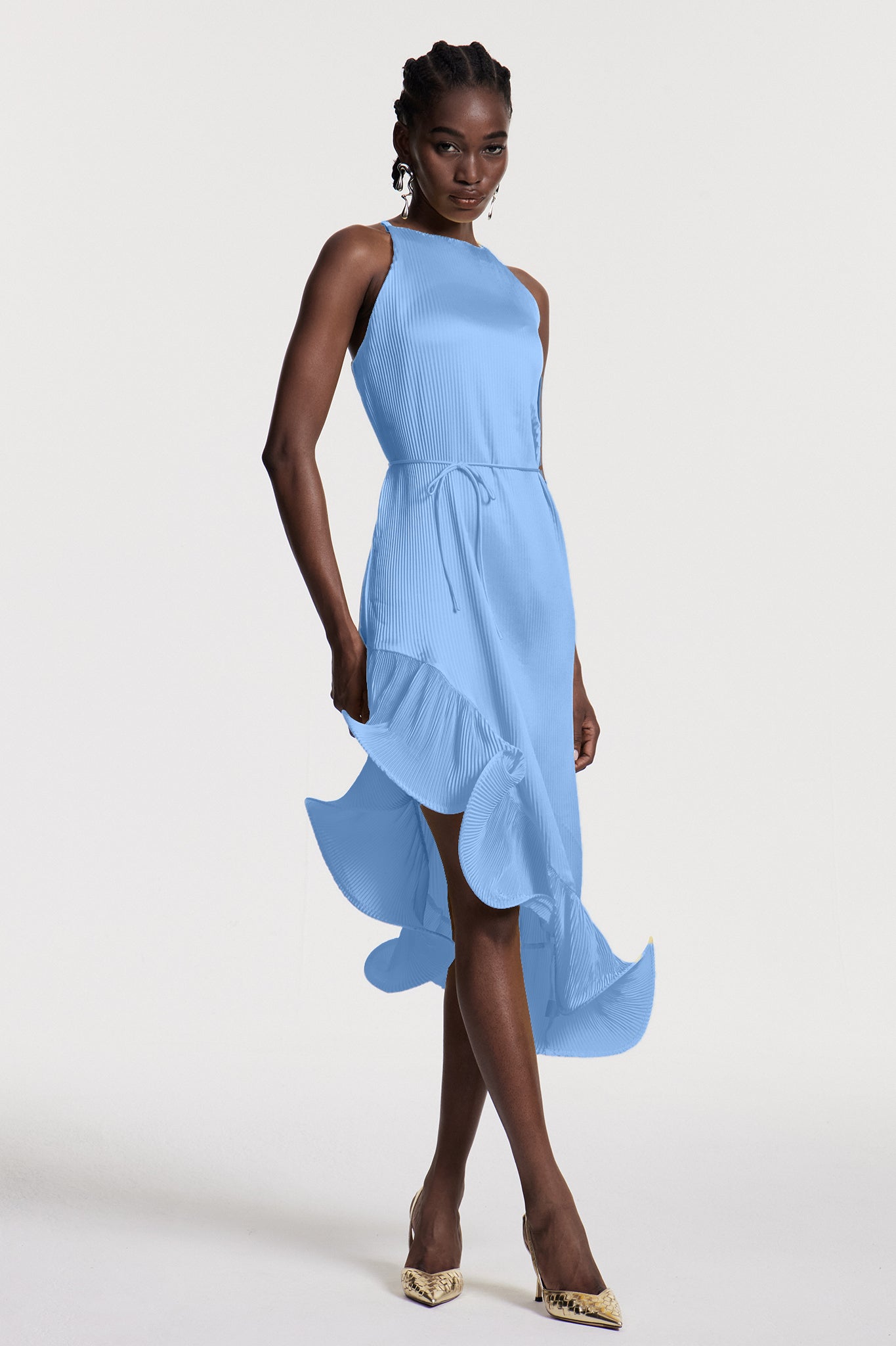 Chizuko Ruffle Sleeveless Midi Dress in Blue