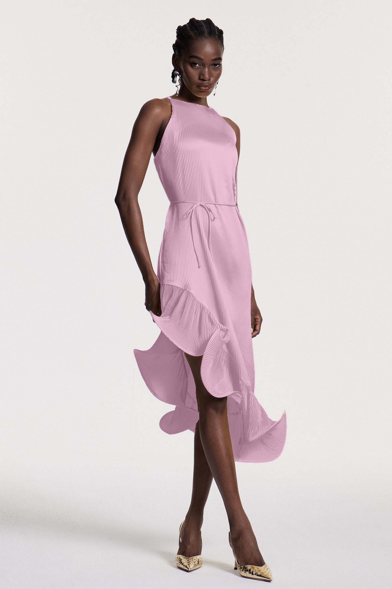 Chizuko Ruffle Sleeveless Midi Dress in Pink