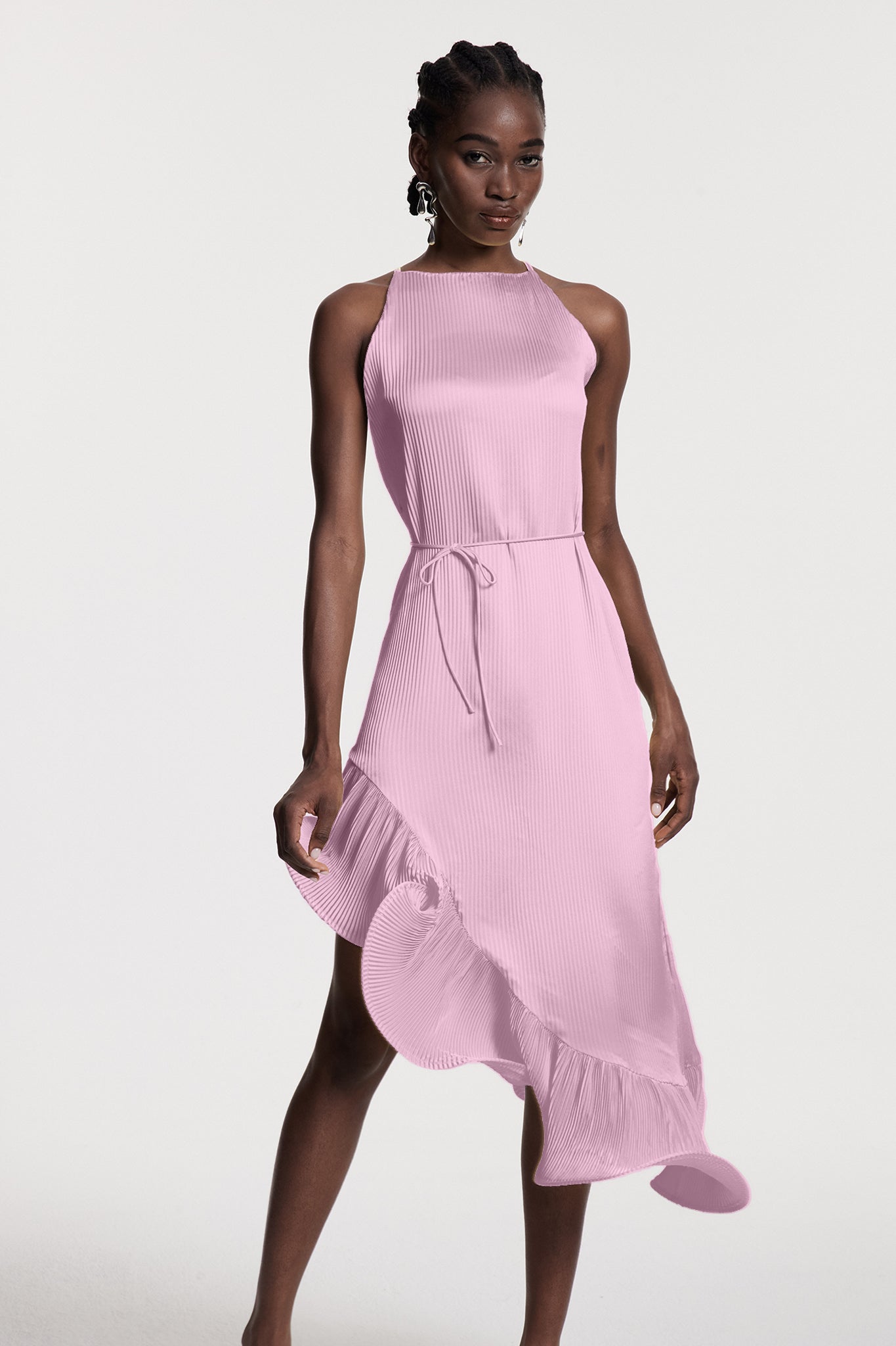 Chizuko Ruffle Sleeveless Midi Dress in Pink