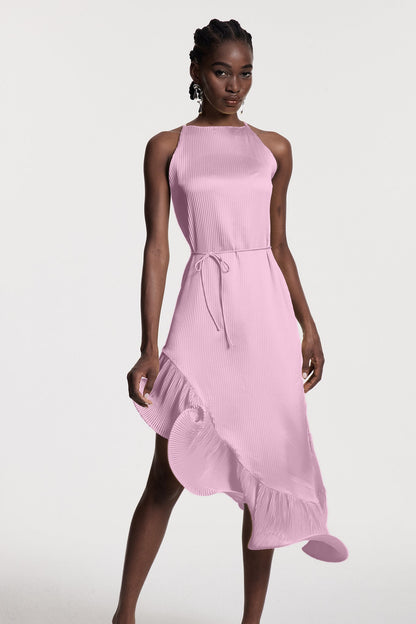 Chizuko Ruffle Sleeveless Midi Dress in Pink