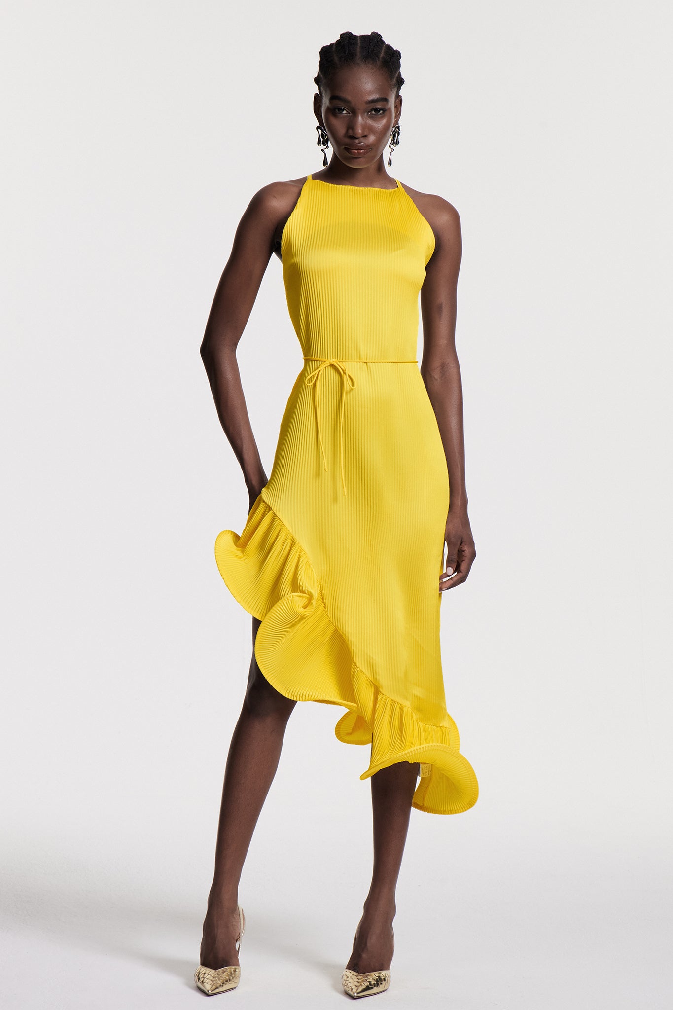 Chizuko Ruffle Sleeveless Midi Dress in Yellow