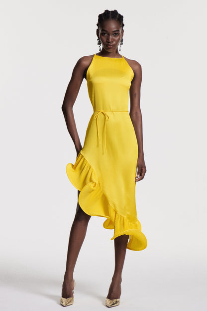 Chizuko Ruffle Sleeveless Midi Dress in Yellow