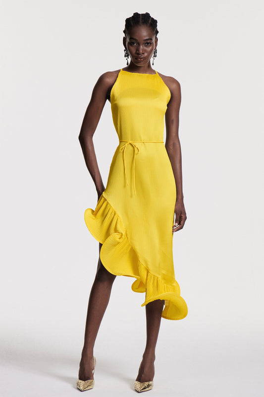 Chizuko Ruffle Sleeveless Midi Dress in Yellow