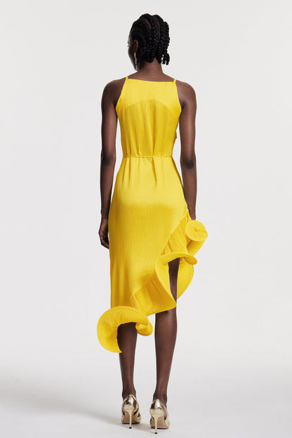 Chizuko Ruffle Sleeveless Midi Dress in Yellow