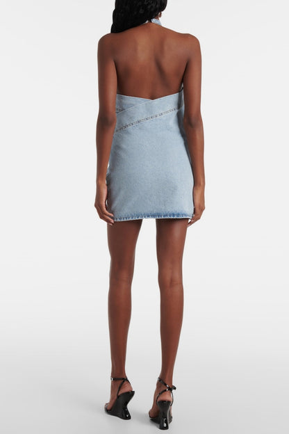 Christell Appliqué Halter Denim Mini Dress