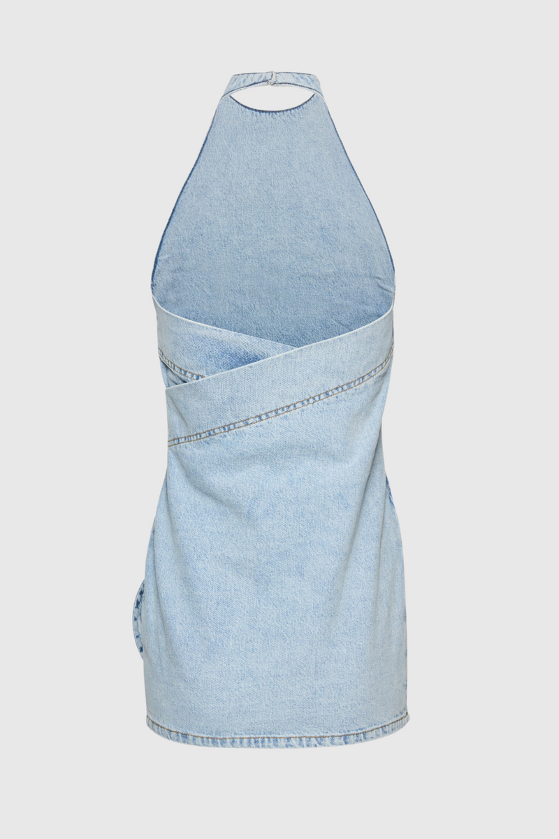 Christell Appliqué Halter Denim Mini Dress