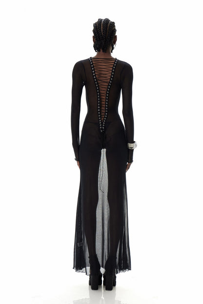 Cierra Backless Lace Up Maxi Dress