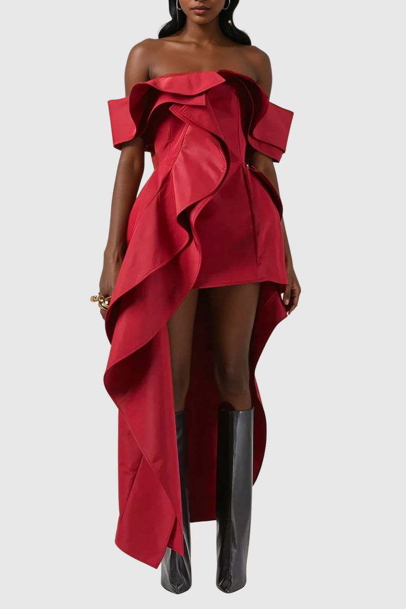 Cille Off Shoulder Asymmetric Ruffle Maxi Dress