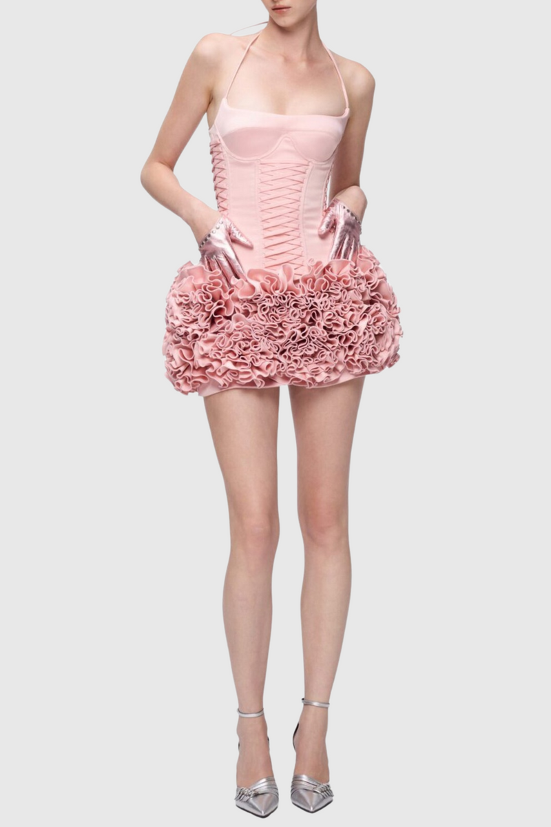 Cindia Lace Up Corset Two Piece Set - Pink