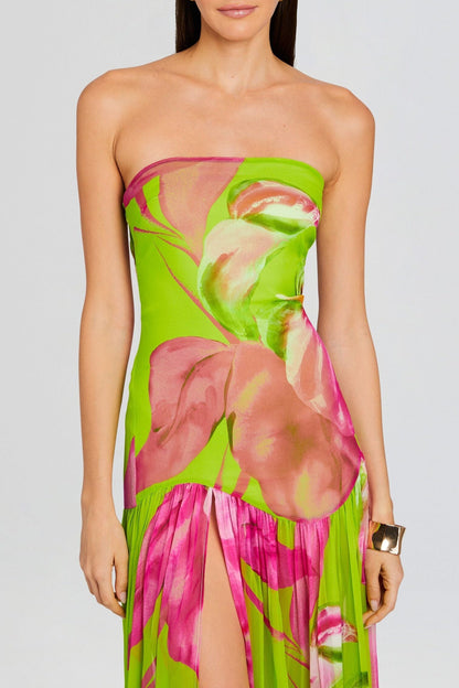 Shmaka Print Strapless Slit Maxi Dress - Green