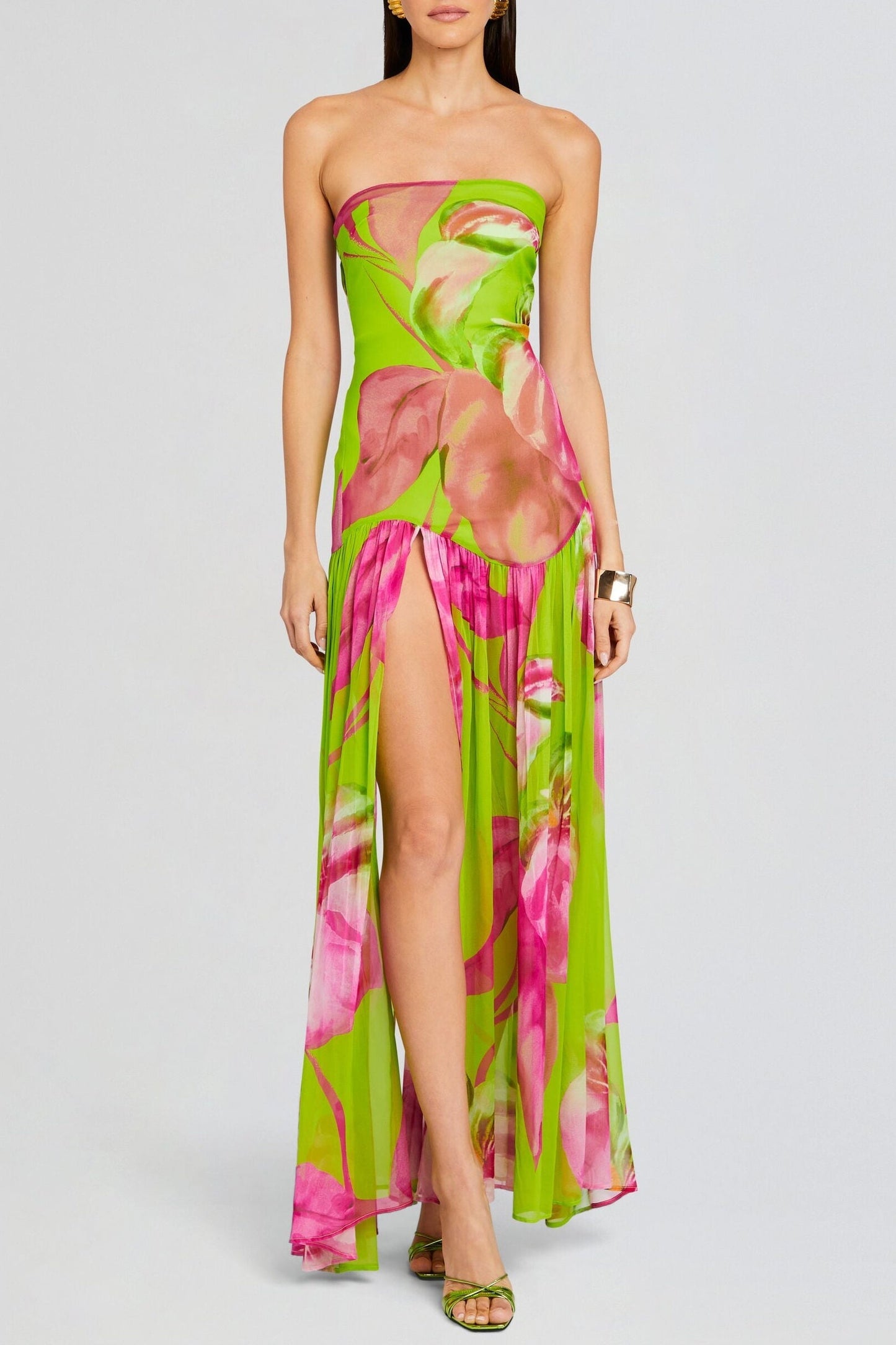 Shmaka Print Strapless Slit Maxi Dress - Green