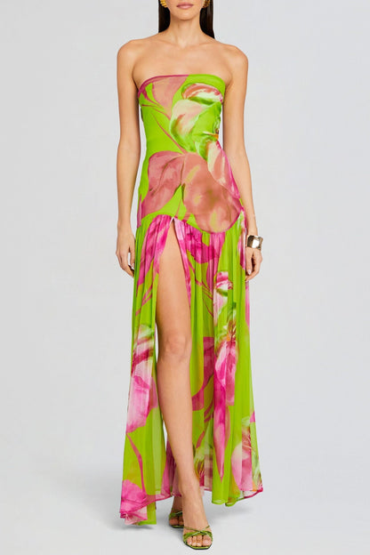 Shmaka Print Strapless Slit Maxi Dress - Green