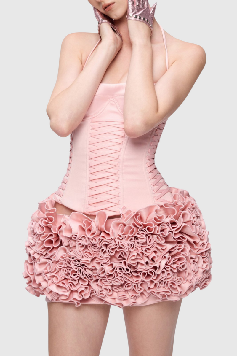 Cindia Lace Up Corset Two Piece Set - Pink