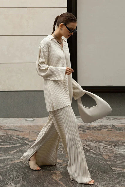 Color Pleated Long Sleeve Pants Set