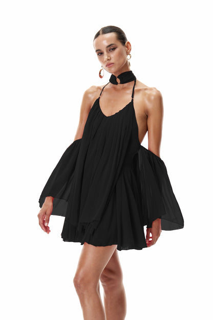 Cleto Off Shoulder Ruch Mini Dress in Black