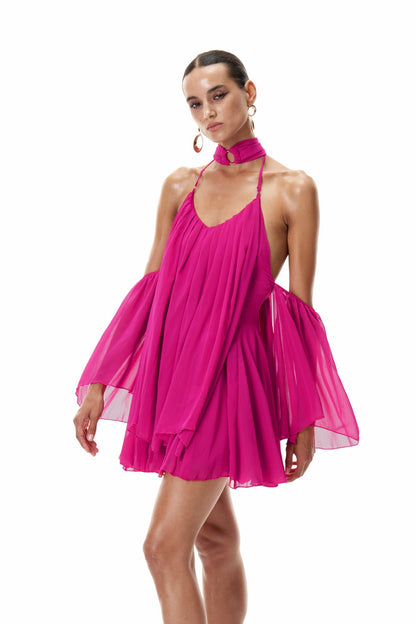 Cleto Off Shoulder Ruch Mini Dress in Pink