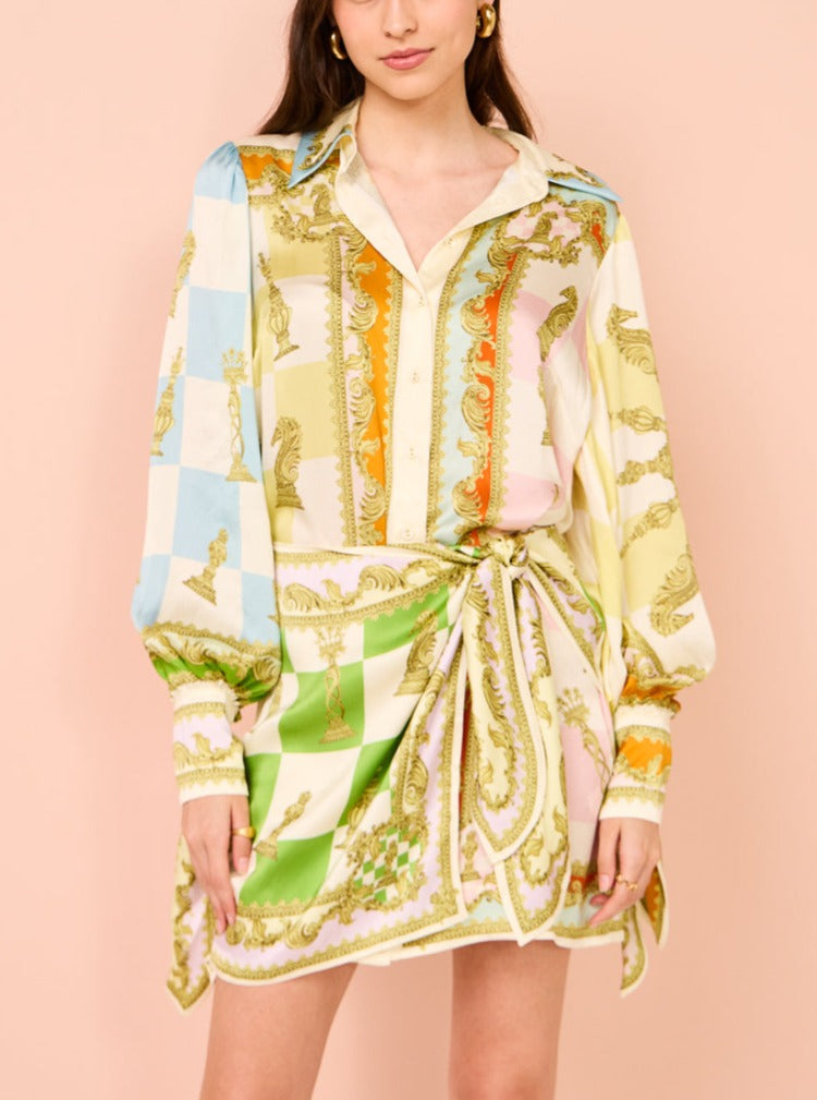 Lantern Sleeve Printed Mini Dress