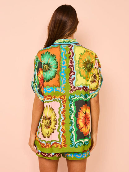 Special Sunflower Print Elastic Waist Shorts-set