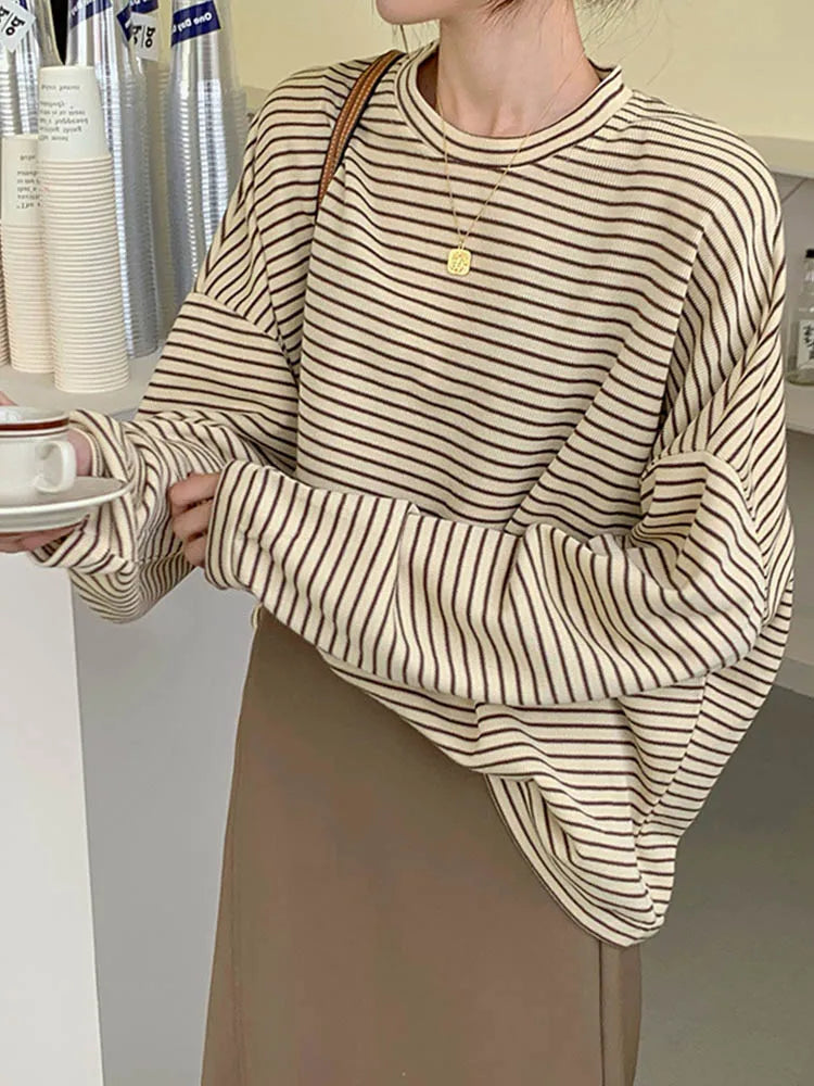 Coffee Stripes Cotton T-shirts Loose-fitting Autumn Lady Full Sleeve All Match Tops