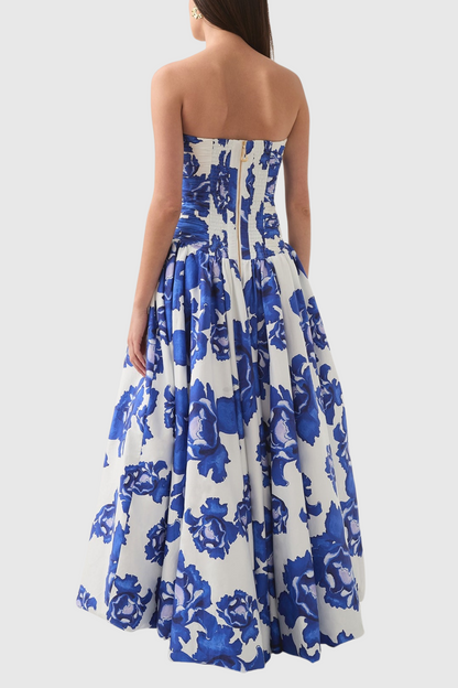 Coleka Print Strapless Ruched Maxi Dress - Blue