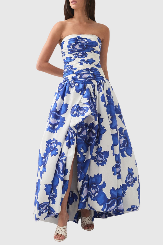 Coleka Print Strapless Ruched Maxi Dress - Blue